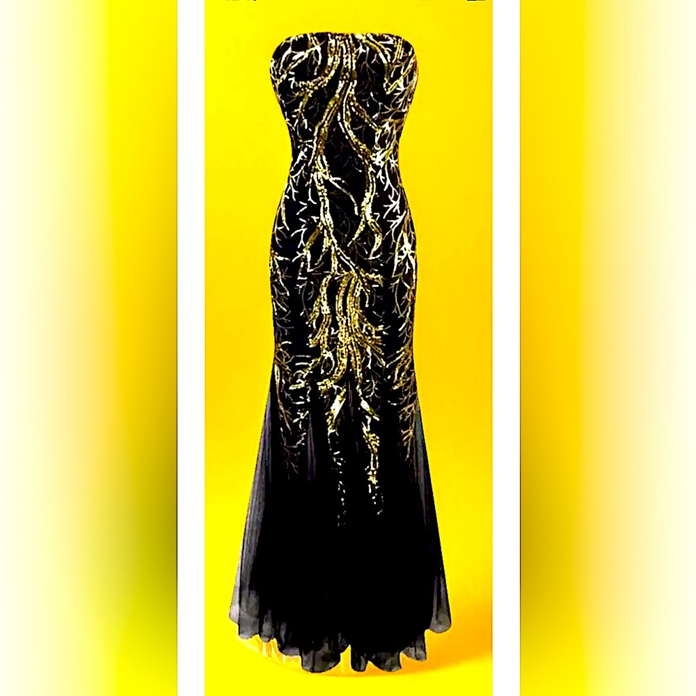 🪽ANGEL-FASHION🪽STRAPLESS SEQUIN MERMAID TULLE LACE UP STRETCH EVENING GOWN NWT